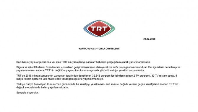 TRT'den yasaklı şarkılara ilişkin açıklama