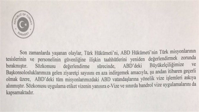 Türkiye'de ABD vatandaşlarının Türkiye vizesi başvurularını askıya aldı